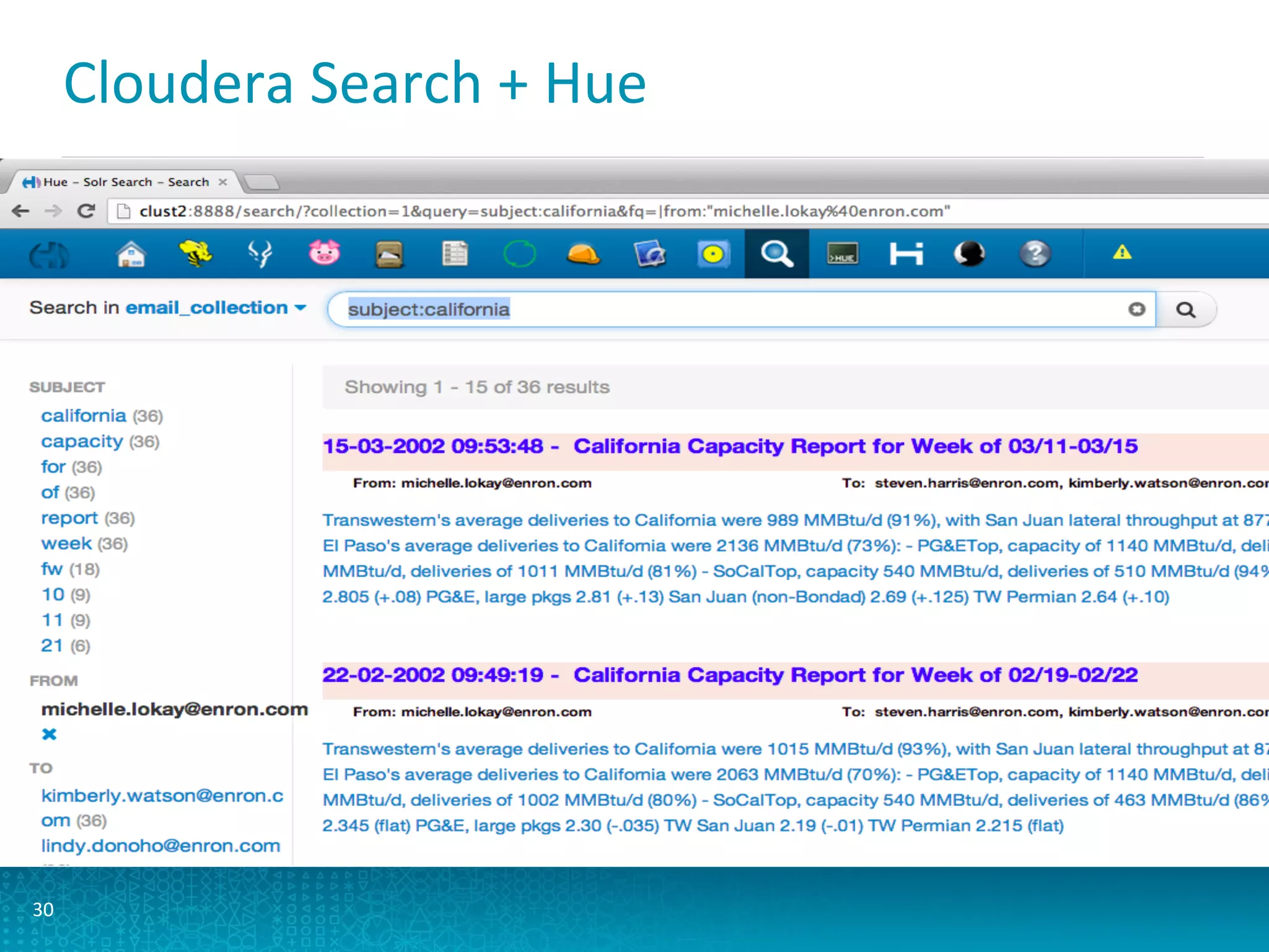 Cloudera	
  Search	
  +	
  Hue	
  
30	
  
 