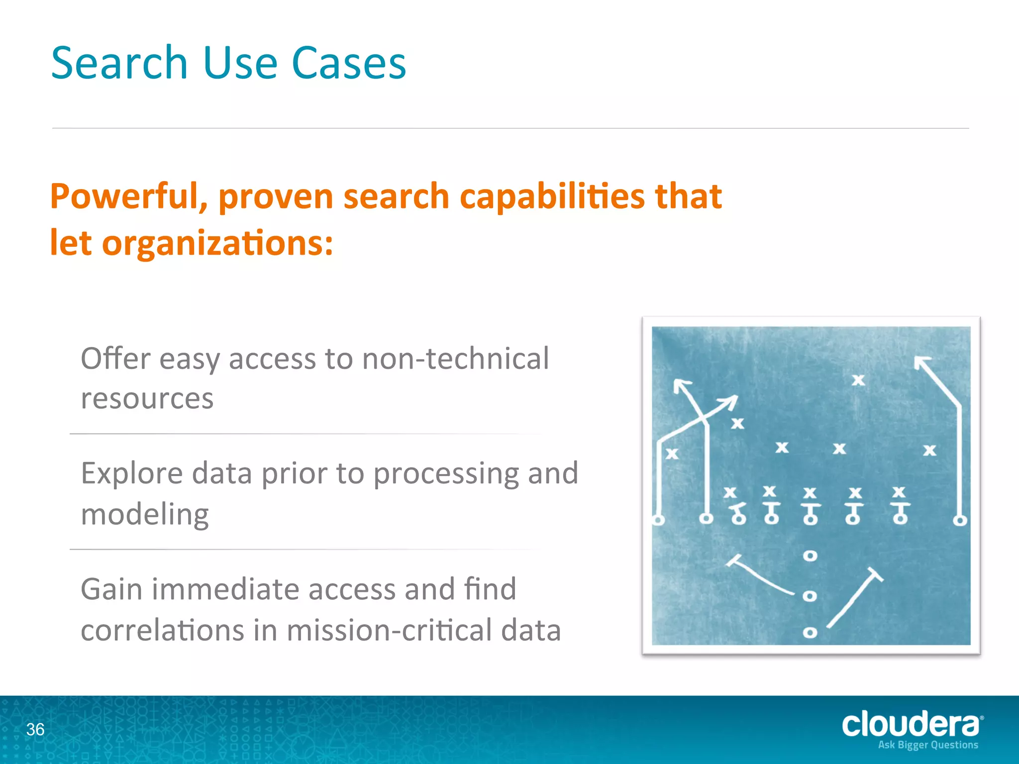 Search	
  Use	
  Cases	
  
36
Oﬀer	
  easy	
  access	
  to	
  non-­‐technical	
  
resources	
  
Explore	
  data	
  prior	
  to	
  processing	
  and	
  
modeling	
  
Gain	
  immediate	
  access	
  and	
  ﬁnd	
  
correlaLons	
  in	
  mission-­‐criLcal	
  data	
  
Powerful,	
  proven	
  search	
  capabili5es	
  that	
  
let	
  organiza5ons:	
  
 