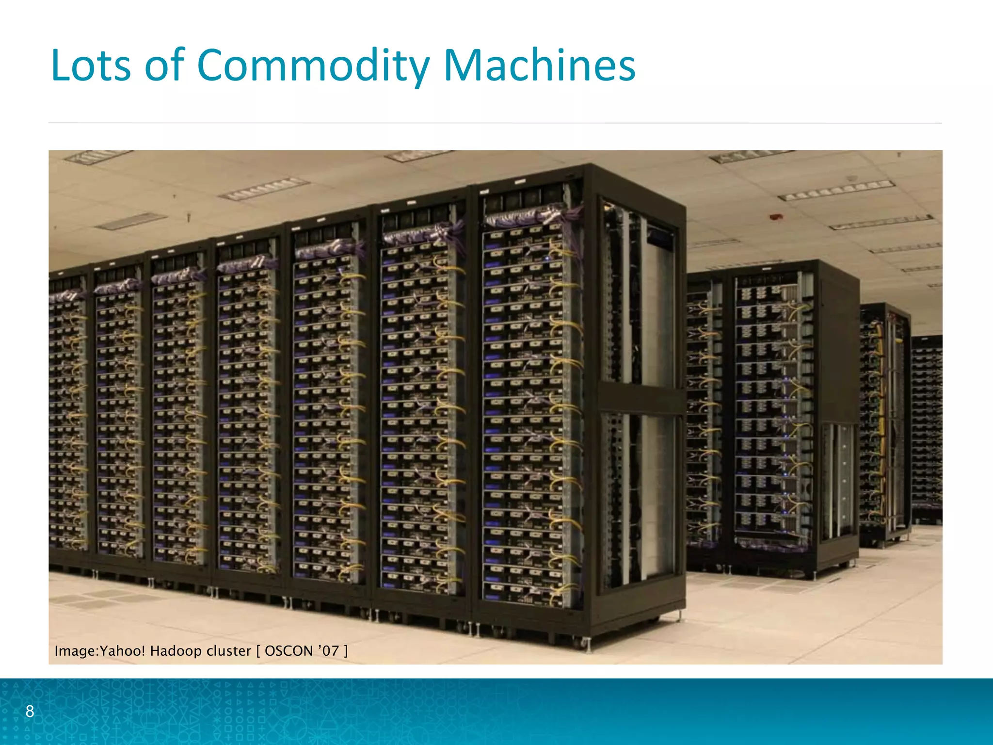 Lots	
  of	
  Commodity	
  Machines	
  
8
Image:Yahoo! Hadoop cluster [ OSCON ’07 ]
 