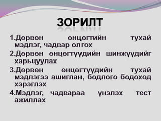 Зорилт1.Дөрвөн өнцөгтийн тухай мэдлэг, чадвар олгох2.Дөрвөн өнцөгтүүдийн шинжүүдийг харьцуулах3.Дөрвөн өнцөгтүүдийн тухай мэдлэгээ ашиглан, бодлого бодоход хэрэглэх4.Мэдлэг, чадвараа  үнэлэх  тест ажиллах