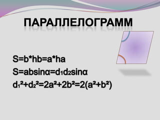 ПараллелограммS=b*hb=a*ha	S=absinα=d1d2sinα  d1²+d2²=2a²+2b²=2(a²+b²)