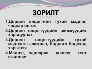 Зорилт1.Дөрвөн өнцөгтийн тухай мэдлэг, чадвар олгох2.Дөрвөн өнцөгтүүдийн шинжүүдийг харьцуулах3.Дөрвөн өнцөгтүүдийн тухай мэдлэгээ ашиглан, бодлого бодоход хэрэглэх4.Мэдлэг, чадвараа  үнэлэх  тест ажиллах