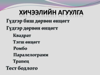 Хичээлийн агуулгаГүдгэрбиш дөрвөн өнцөгт Гүдгэр дөрвөн өнцөгтКвадрат	Тэгш өнцөгт	Ромбо	Паралелограмм 	Трапец  Тест бодлого