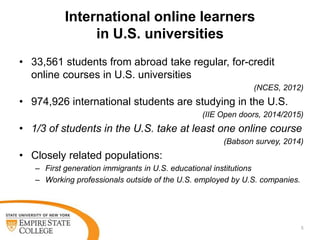 International online learners
in U.S. universities
• 33,561 students from abroad take regular, for-credit
online courses i...