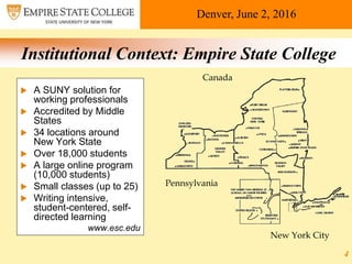Denver, June 2, 2016
Institutional Context: Empire State College
4
 A SUNY solution for
working professionals
 Accredited by Middle
States
 34 locations around
New York State
 Over 18,000 students
 A large online program
(10,000 students)
 Small classes (up to 25)
 Writing intensive,
student-centered, self-
directed learning
www.esc.edu
New York City
Pennsylvania
Canada
 