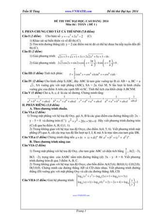 Trần Sĩ Tùng www.VNMATH.com Đề thi thử Đại học 2014 
ĐỀ THI THỬ ĐẠI HỌC, CAO ĐẲNG 2014 
Môn thi : TOÁN ( ĐỀ 1 ) 
I. PHẦN CHUNG CHO TẤT CẢ THÍ SINH (7,0 điểm) 
Câu I (2 điểm) Cho hàm số y = -x3 + 3x2 - 2 (C) 
1) Khảo sát sự biến thiên và vẽ đồ thị (C). 
2) Tìm trên đường thẳng (d): y = 2 các điểm mà từ đó có thể kẻ được ba tiếp tuyến đến đồ 
thị (C). 
Câu II (2 điểm) 
1) Giải phương trình: 2x + 3 + x +1 = 3x + 2 2x2 + 5x + 3 -16 . 
2) Giải phương trình: 2 2 cos2x sin2x cos æ x 3 p ö 4sin æ x p ö 
0 
+ ç + + è 4 ¸- ø è ç 4 
¸= ø 
. 
p 
2 
= ò + + . 
Câu III (1 điểm) Tính tích phân: I 4 x 4 x 6 x 6 
x dx 
0 
(sin cos )(sin cos ) 
Câu IV (2 điểm) Cho hình chóp S.ABC, đáy ABC là tam giác vuông tại B có AB = a, BC = a 
3 , SA vuông góc với mặt phẳng (ABC), SA = 2a. Gọi M, N lần lượt là hình chiếu 
vuông góc của điểm A trên các cạnh SB và SC. Tính thể tích của khối chóp A.BCNM. 
Câu V (1 điểm) Cho a, b, c, d là các số dương. Chứng minh rằng: 
1 1 1 1 1 
+ + + £ 
abcd a4 b4 c4 abcd b4 c4 d4 abcd c4 d4 a4 abcd d4 a4 b4 abcd 
+ + + + + + + + + + + + 
II. PHẦN RIÊNG (3,0 điểm) 
A. Theo chương trình chuẩn. 
Câu VI.a (2 điểm) 
1) Trong mặt phẳng với hệ toạ độ Oxy, gọi A, B là các giao điểm của đường thẳng (d): 2x – 
y – 5 = 0 và đường tròn (C’): x2 + y2 - 20x + 50 = 0 . Hãy viết phương trình đường tròn 
(C) đi qua ba điểm A, B, C(1; 1). 
2) Trong không gian với hệ trục tọa độ Oxyz, cho điểm A(4; 5; 6). Viết phương trình mặt 
phẳng (P) qua A, cắt các trục tọa độ lần lượt tại I, J, K mà A là trực tâm của tam giác IJK. 
Câu VII.a (1 điểm) Chứng minh rằng nếu a + bi = (c + di)n thì a2 + b2 = (c2 + d2 )n . 
B. Theo chương trình nâng cao 
Câu VI.b (2 điểm) 
1) Trong mặt phẳng với hệ toạ độ Oxy, cho tam giác ABC có diện tích bằng 3 
2 
, A(2; –3), 
B(3; –2), trọng tâm của DABC nằm trên đường thẳng (d): 3x – y –8 = 0. Viết phương 
trình đường tròn đi qua 3 điểm A, B, C. 
2) Trong không gian với hệ trục tọa độ Oxyz, cho bốn điểm A(4;5;6); B(0;0;1); C(0;2;0); 
D(3;0;0). Chứng minh các đường thẳng AB và CD chéo nhau. Viết phương trình đường 
thẳng (D) vuông góc với mặt phẳng Oxy và cắt các đường thẳng AB, CD. 
Câu VII.b (1 điểm) Giải hệ phương trình: 
ì + - + = + 
ï 
í æ ö ï + - + - + = ç ¸- 
î è ø 
log ( x y ) log (2 x ) 1 log ( x 3 y 
) 
log ( xy 1) log (4 y 2 y 2 x 4) log x 
1 
y 
2 2 
4 4 4 
2 
4 4 4 
www.VNMATH.com 
Trang 1 
 