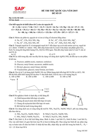 Trang 105/305
ĐỀ THI THỬ QUỐC GIA NĂM 2015
ĐỀ SỐ 19
Họ và tên thí sinh: ………………………….………………..
Số báo danh: …………………………………………………
Cho biết nguyên tử khối (theo đvC) của các nguyên tố:
H = 1; He = 4; Li = 7; Be = 9; C = 12; N = 14; O = 16; Na = 23; Mg = 24; Al = 27; S = 32;
Cl = 35,5; K = 39; Ca = 40; Cr = 52; Mn = 55; Fe = 56; Cu = 64; Zn = 65; Br = 80; Rb = 85;
Sr = 88; Ag = 108; Sn = 119; Cs = 133; Ba = 137; Pb = 207; I = 127; F = 19.
Câu 1: Nhóm các phân tử, nguyên tử và ion có tổng số electron bằng nhau:
A. Na, Al3+
, CH4, H2S, NH3, Mg. B. Na+
, Al3+
, CH4, H2O, NH3, Mg2+
.
C. Na, Al3+
, CH4, H2S, NH3, HF. D. Na+
, Al3+
, SiH4, H2O, NH3, Mg2+
.
Câu 2: Tripeptit mạch hở X và tetrapeptit mạch hở Y đều được tạo ra từ một amino axit no, mạch hở
có 1 nhóm –COOH và 1 nhóm –NH2. Đốt cháy hoàn toàn 0,2 mol X thu được sản phẩm gồm CO2,
H2O, N2 trong đó tổng khối lượng CO2, H2O là 109,8 gam. Nếu đốt cháy hoàn toàn 0,3 mol Y cần số
mol O2 là:
A. 4,5 B. 9 C. 6,75 D. 3,375
Câu 3:Các chất trong dãy nào sau đây khi tác dụng với dung dịch AgNO3/NH3 dư đều tạo ra sản phẩm
là kết tủa:
A. Fructozơ, anđehit axetic, mantozơ, xenlulozơ.
B. Glucozơ, metyl fomat, saccarozơ, anđehit axetic.
C. Đivinyl, glucozơ, metyl fomat, tinh bột.
D. Vinylaxetilen, glucozơ, metyl fomiat, axit fomic
Câu 4: Cho từ từ V ml dung dịch NaOH 1M vào 200ml dung dịch hỗn hợp HCl 0,5M và AlCl3 1M.
Đồ thị biểu diễn khối lượng kết tủa theo V như hình dưới. Giá trị của a và b tương ứng là:
A. 100 và 900 B. 100 và 800 C. 100 và 600 D. 100 và 700
Câu 5:Thí nghiệm ở hình vẽ dưới đây có thể dùng để:
A. Chiết benzen khỏi hỗn hợp với anilin
B. Chưng cất ancol etylic khỏi hỗn hợp với nước
C. Chưng cất etylaxetat khỏi hỗn hợp với nước
D. Kết tinh lại muối trong dung dịch.
Câu 6: Các dung dịch sau có cùng nồng độ mol/lit: NH3, Na2CO3, NaOH, NH4Cl. pH của chúng tăng
dần theo thứ tự
A. NH3, Na2CO3, NaOH, NH4Cl. B. NH4Cl, Na2CO3, NaOH, NH3.
C. NH3, NH4Cl, NaOH, Na2CO3. D. NH4Cl, Na2CO3, NH3, NaOH.
Câu 7: Hai bình A, B có thể tích bằng nhau. Bình A chứa 1 mol khí Cl2, bình B chứa 1 mol khí O2.
Cho vào mỗi bình 2,4 gam bột kim loại M có hoá trị không đổi. Đun nóng hai bình để các phản ứng
xảy ra hoàn toàn rồi đưa hai bình về nhiệt độ ban đầu, nhận thấy áp suất khí trong hai bình PA : PB =
1,8 : 1,9. Kim loại M là
 