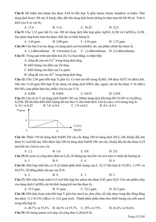 Trang 112/305
Câu 8: Đề hiđro hóa butan thu được 4,48 lít hỗn hợp X gồm butan, buten, butađien và hiđro. Nhỏ
dung dịch brom 1M vào X khuấy đều, đến khi dung dịch brom không bị nhạt màu thì hết 80 ml. Tính tỉ
khối của X so với H2:
A. 17,4. B. 11,6. C. 36,25. D. 22,5.
Câu 9: Cho 1,12 gam bột Fe vào 100 ml dung dịch hỗn hợp gồm AgNO3 0,1M và Cu(NO3)2 0,1M.
Sau phản ứng hoàn toàn thu được chất rắn có khối lượng là
A. 3,44 gam. B. 2,00 gam. C. 4,56 gam. D. 1,72 gam.
Câu 10: Cho but-2-in tác dụng với dung dịch axit bromhiđric dư, sản phẩm chính thu được là:
A. 1,1-đibrombutan. B. 1-brombut-2-en. C. 1,2-đibrombutan. D. 2,2-đibrombutan.
Câu 11: Trong quá trình pin điện hoá Zn–Cu hoạt động, ta nhận thấy
A. nồng độ của ion Cu2+
trong dung dịch tăng.
B. khối lượng của điện cực Zn tăng.
C. khối lượng của điện cực Cu giảm.
D. nồng độ của ion Zn2+
trong dung dịch tăng.
Câu 12: Cho 2,96 gam hỗn hợp X gồm Fe, Cu hòa tan hết trong H2SO4 1M được 0,672 lít (đktc) khí.
Nếu cho 11,84 gam hỗn hợp X tác dụng với dung dịch HNO3 đặc, nguội, dư thì thu được V lít (đktc)
khí NO2 (sản phẩm khử duy nhất). Giá trị của V là:
A. 0,896. B. 8,064. C. 0.672. D. 3,584.
Câu 13: Cho từ từ V ml dung dịch NaOH 1M vào 200ml dung dịch hỗn hợp HCl 0,5M và Al2(SO4)3
0,25M. Đồ thị biểu diễn khối lượng kết tủa theo V như hình dưới. Giá trị của a và b tương ứng là:
A. 0,1 và 0,25 B. 7,8 và 0,4 C. 7,8 và 0,3 D. 0,1 và 0,3
Câu 14: Thêm 150 ml dung dịch NaOH 2M vào cốc đựng 100 ml dung dịch AlCl3 xM, khuấy đều thu
được 0,1 mol kết tủa. Nếu thêm tiếp 100 ml dung dịch NaOH 2M vào cốc, khuấy đều thì thu được 0,14
mol kết tủa. Giá trị của x là:
A. 1,2. B. 1,6. C. 0,8. D. 2,0.
Câu 15:Số amin có công thức phân tử C4H11N không tạo bọt khí với axit nitrơ ở nhiệt độ thường là:
A. 3 B. 8 C. 6 D. 4
Câu 16: Một hợp chất hữu cơ X có thành phần khối lượng của C, H, Cl lần lượt là 14,28%, 1,19% và
84,53%. Số đồng phân cấu tạo của X là:
A. 2. B. 4. C. 1. D. 3.
Câu 17: Đốt cháy hoàn toàn 0,15 mol hỗn hợp hai ankan thu được 9,45 gam H2O. Cho sản phẩm cháy
vào dung dịch Ca(OH)2 dư thì khối lượng kết tủa thu được là:
A. 37,5 gam. B. 15 gam. C. 52,5 gam. D. 42,5 gam.
Câu 18: Đốt cháy hoàn toàn hỗn hợp Y gồm hai ancol no, đơn chức, kế tiếp nhau trong dãy đồng đẳng
thu được 11,2 lít CO2 (đktc) và 12,6 gam nước. Thành phần phần trăm theo khối lượng của mỗi ancol
trong hỗn hợp là:
A. 44,7% và 55,3%. B. 44,3% và 55,7%. C. 25% và 75%. D. 43,4% và 56,6%.
Câu 19: Số lượng amino axit ứng với công thức C4H9O2N là:
 