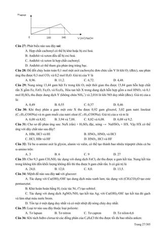 Trang 27/305
Câu 27: Phát biểu nào sau đây sai:
A. Hợp chất cacbonyl có thể bị khử hoặc bị oxi hoá.
B. Anđehit và xeton đều dễ bị oxi hoá.
C. Anđehit và xeton là hợp chất cacbonyl.
D. Anđehit có thể tham gia phản ứng tráng bạc.
Câu 28: Để đốt cháy hoàn toàn 0,1 mol một axit cacboxylic đơn chức cần V lít khí O2 (đktc), sau phản
ứng thu được 0,3 mol CO2 và 0,2 mol H2O. Giá trị của V là
A. 8,96. B. 11,2. C. 6,72. D. 4,48.
Câu 29: Nung nóng 13,44 gam bột Fe trong khí O2 một thời gian thu được 15,84 gam hỗn hợp chất
rắn X gồm Fe, FeO, Fe2O3 và Fe3O4. Hòa tan hết X trong dung dịch hỗn hợp gồm a mol HNO3 và 0,1
mol H2SO4 thu được dung dịch Y (không chứa NH4
+
) và 2,016 lit khí NO duy nhất (đktc). Giá trị của a
là:
A. 0,49 B. 0,55 C. 0,37 D. 0,46
Câu 30: Khi thuỷ phân a gam một este X thu được 0,92 gam glixerol, 3,02 gam natri linoleat
(C17H31COONa) và m gam muối của natri oleat (C17H33COONa). Giá trị của a và m là
A. 6,08 và 8,82. B. 3,94 và 7,88. C. 8,82 và 6,08. D. 6,08 và 9,2.
Câu 31: Cho sơ đồ phản ứng sau: NaX (rắn) + H2SO4 đặc, nóng → NaHSO4 + HX. Vậy HX có thể
ứng với dãy chất nào sau đây?
A. HBr, HCl và HI B. HNO3, HNO2 và HCl
C. HCl, HBr và HF D. HNO3, HCl và HF
Câu 32: Từ ba -amino axit là glyxin, alanin và valin, có thể tạo thành bao nhiêu tripeptit chứa cả ba
-amino trên:
A. 3 B. 6 C. 9 D. 27
Câu 33: Cho 9,3 gam CH3NH2 tác dụng với dung dịch FeCl2 dư thu được a gam kết tủa. Nung kết tủa
trong không khí đến khối lượng không đổi thì thu được b gam chất rắn. b có giá trị là
A. 24,0. B. 12,0. C. 8,0. D. 13,5.
Câu 34: Mệnh đề nào sau đây sai với glucozơ:
A. Tác dụng với Cu(OH)2/OH-
tạo dung dịch màu xanh lam; tác dụng với (CH3CO)2O tạo este
pentaaxetat.
B. Khử hoàn hoàn bằng H2 (xúc tác Ni, to
) tạo sobitol.
C. Tác dụng với dung dịch AgNO3/NH3 tạo kết tủa Ag; với Cu(OH)2/OH-
tạo kết tủa đỏ gạch
và làm nhạt màu nước brom.
D. Tồn tại ở một dạng duy nhất và có một nhiệt độ nóng chảy duy nhất.
Câu 35: Loại tơ nào sau đây thuộc loại polieste:
A. Tơ lapsan B. Tơ nitron C. Tơ capron D. Tơ nilon-6,6
Câu 36: Khi tách hiđro clorua từ các đồng phân của C4H9Cl thì thu được tối đa bao nhiêu anken:
 