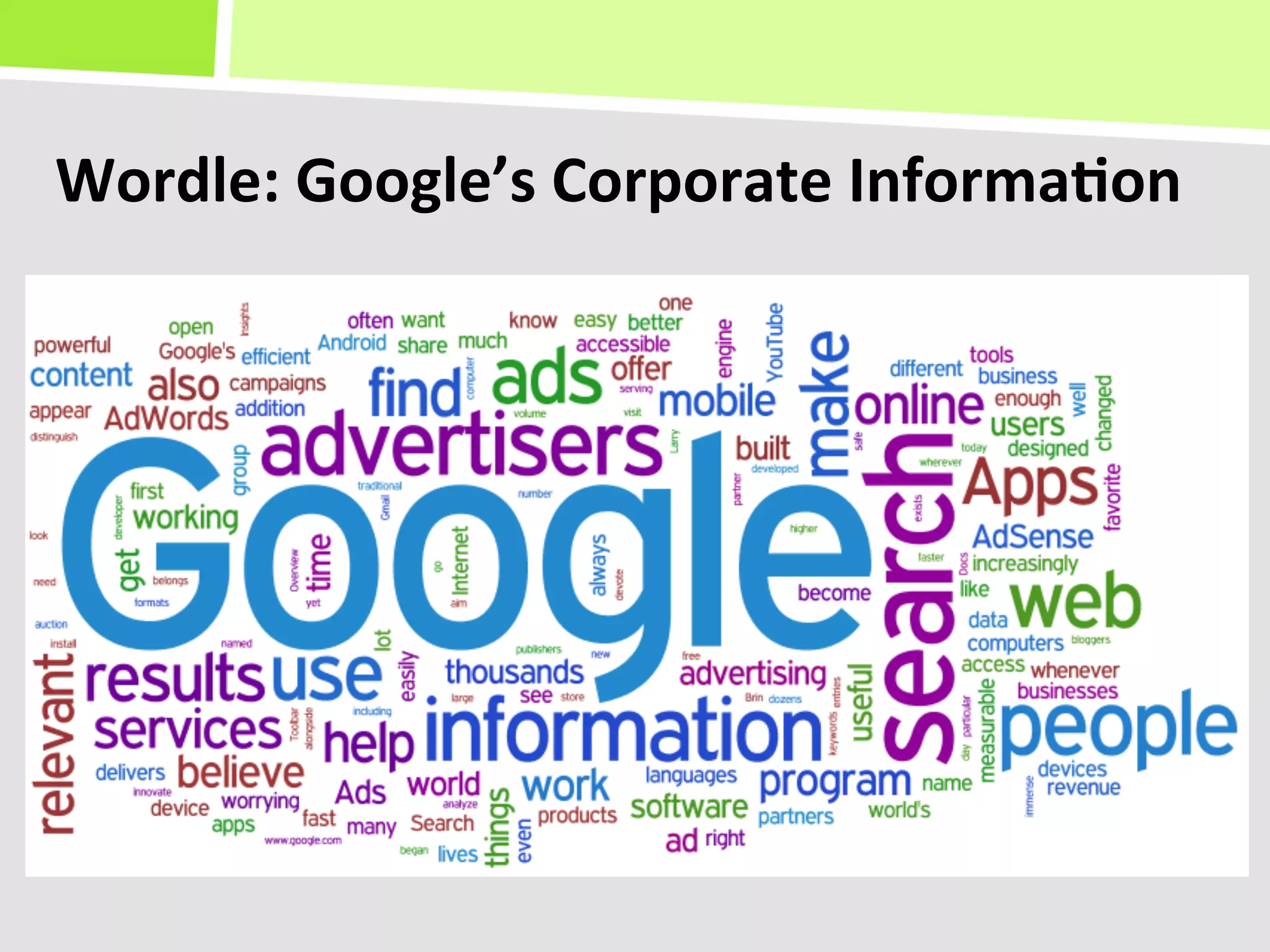 Wordle:	
  Google’s	
  Corporate	
  Informa(on	
  
 