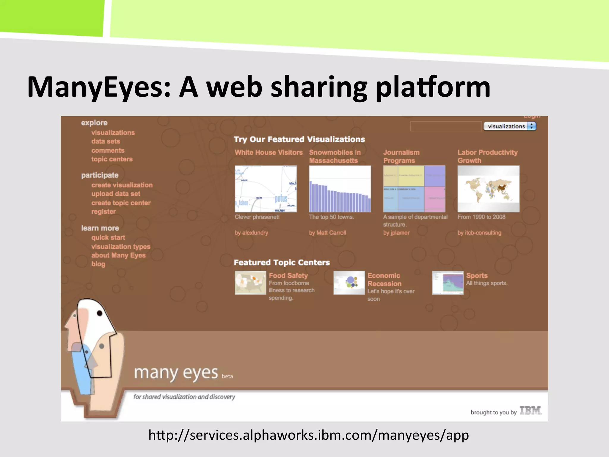 ManyEyes:	
  A	
  web	
  sharing	
  plajorm	
  




            hKp://services.alphaworks.ibm.com/manyeyes/app	
  
 