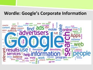 Wordle:	
  Google’s	
  Corporate	
  Informa(on	
  
 