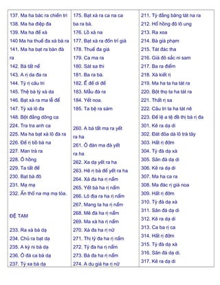 137. Ma ha bác ra chiến trì
138. Ma ha điệp đa
139. Ma ha đế xà
140 Ma ha thuế đa xà bà ra
141. Ma ha bạt ra bàn đà
ra
142. Bà tất nể
143. A rị da đa ra
144. Tỳ rị câu tri
145. Thệ bà tỳ xà da
146. Bạt xà ra ma lễ để
147. Tỳ xá lô đa
148. Bột đằng dõng ca
224. Tra tra anh ca
225. Ma ha bạt xà lô đà ra
226. Ðế rị bồ bà na
227. Man trà ra
228. Ô hồng
229. Ta tất đế
230. Bạt bà đô
231. Mạ mạ
232. Ấn thố na mạ mạ tỏa.
ÐỆ TAM
233. Ra xà bà dạ
234. Chủ ra bạt dạ
235. A kỳ ni bà dạ
236. Ô đà ca bà dạ
237. Tỳ xa bà dạ
175. Bạt xà ra ca na ca
ba ra bà.
176. Lồ xà na
177. Bạt xà ra đốn trỉ giá
178. Thuế đa giá
179. Ca ma ra
180. Sát sa thi
181. Ba ra bà.
182. Ế đế di đế
183. Mẫu đà ra
184. Yết noa.
185. Ta bệ ra sám
260. A bá tất ma ra yết
ra ha
261. Ô đàn ma đà yết
ra ha
262. Xa dạ yết ra ha
263. Hê rị bà đế yết ra ha
264. Xả đa ha rị nẩm
265. Yết bà ha rị nẩm
266. Lô địa ra ha rị nẩm
267. Mang ta ha rị nẩm
268. Mê đà ha rị nẩm
269. Ma xà ha rị nẩm
270. Xà đa ha rị nữ
271. Thị tỷ đa ha rị nẩm
272. Tỳ đa ha rị nẩm
273. Bà đa ha rị nẩm
274. A du giá ha rị nữ
211. Tỳ đằng băng tát na ra
212. Hổ hồng đô lô ung
213. Ra xoa
214. Bà già phạm
215. Tát đác tha
216. Già đô sắc ni sam
217. Ba ra điểm
218. Xà kiết rị
219. Ma ha ta ha tát ra
220. Bột thọ ta ha tát ra
221. Thất rị sa
222. Câu tri ta ha tát nê
223. Ðế lệ a tệ đề thị bà rị đa
301. Kê ra dạ di
302. Ðát đỏa dà lô trà tây
303. Hất rị đởm
304. Tỳ đà dạ xà
305. Sân đà dạ di
306. Kê ra dạ di
307. Ma ha ca ra
308. Ma đác rị già noa
309. Hất rị đởm
310. Tỳ đà dạ xà
311. Sân đà dạ di
312. Kê ra dạ di
313. Ca ba rị ca
314. Hất rị đởm
315. Tỳ đà dạ xà
316. Sân đà dạ di.
317. Kê ra dạ di
 