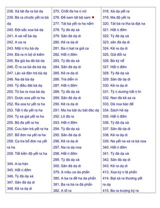 238. Xá tát đa ra bà dạ
239. Bà ra chước yết ra bà
dạ
240. Ðột sắc xoa bà dạ
241. A xá nể bà dạ
242. A ca ra
243. Mật rị trụ bà dạ
244. Ðà ra ni bộ di kiếm
245. Ba già ba đà bà dạ
246. Ô ra ca bà đa bà dạ
247. Lặc xà đàn trà bà dạ
248. Na dà bà dạ
249. Tỳ điều đát bà dạ
250. Tô ba ra noa bà dạ
251. Dược xoa yết ra ha
252. Ra xoa tư yết ra ha
253. Tất rị đa yết ra ha
254. Tỳ xá giá yết ra ha
255. Bộ đa yết ra ha
256. Cưu bàn trà yết ra ha
257. Bổ đơn na yết ra ha
258. Ca tra bổ đơn na yết
ra ha
259. Tất kiền độ yết ra ha
344. A-la-hán
345. Hất rị đởm
346. Tỳ đà dạ xà
347. Sân đà dạ di
348. Kê ra dạ di
275. Chất đa ha rị nữ
276. Ðế sam tát bệ sam
277. Tát bà yết ra ha nẩm
278. Tỳ đà dạ xà
279. Sân đà dạ di
280. Kê ra dạ di
281. Ba rị bạt ra giả ca
282. Hất rị đởm
283. Tỳ đà dạ xà
284. Sân đà dạ di
285. Kê ra dạ di
286. Trà diễn ni
287. Hất rị đởm
288. Tỳ đà dạ xà
289. Sân đà dạ di
290. Kê ra dạ di
291. Ma ha bát du bát đác dạ
292. Lô đà ra
293. Hất rị đởm
294. Tỳ đà dạ xà
295. Sân đà dạ di
296. Kê ra dạ di
297. Na ra dạ noa
298. Hất rị đởm
299. Tỳ đà dạ xà
300. Sân đà dạ di
379. A mâu ca da phấn
380. A ba ra đề ha da phấn
381. Ba ra bà ra đà phấn
382. A tố ra
318. Xà dạ yết ra
319. Ma độ yết ra
320. Tát bà ra tha ta đạt na
321. Hất rị đởm
322. Tỳ đà dạ xà
323. sân đà dạ di
324. Kê ra dạ di
325. Giả đốt ra
326. Bà kỳ nể
327. Hất rị đởm
328. Tỳ đà dạ xà
329. Sân đà dạ di
330. Kê ra dạ di
331. Tỳ rị dương hất rị tri
332. Nan đà kê sa ra
333. Dà noa bác đế
334. Sách hê dạ
335. Hất rị đởm
336. Tỳ đà dạ xà
337. Sân đà dạ di
338. Kê ra dạ di
339. Na yết na xá ra bà noa
340. Hất rị đởm
341. Tỳ đà dạ xà
342. Sân đà dạ di
343. Kê ra dạ di
413. Xoa kỳ rị tệ phấn
414. Bạt xà ra thương yết
ra dạ
415. Ba ra trượng kỳ ra
 