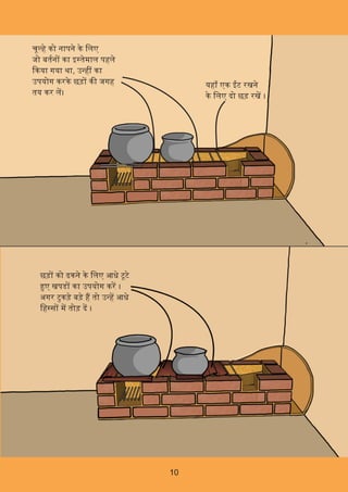 10
यहाँ एक ट रखने
के िलए दो छड़ रख ।
चू हे को नापने के िलए
जो बतन का इ तेमाल पहले
कया गया था, उ ह का
उपयोग करके छड़ क जगह
तय कर ल।
छड़ को ढकने के िलए आधे टूटे
ए खपड का उपयोग कर ।
अगर टुकड़े बड़े ह तो उ ह आधे
िह स म तोड़ द ।
 
