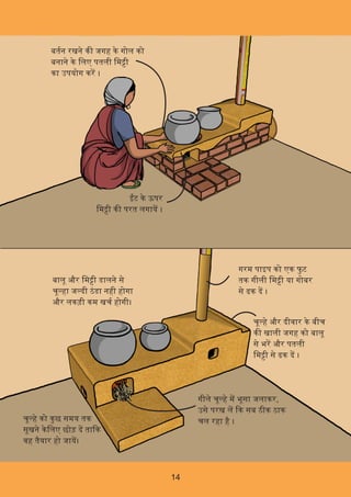 14
ट के ऊपर
िम ी क परत लगाय ।
बतन रखने क जगह के गोल को
बनाने के िलए पतली िम ी
का उपयोग कर ।
गीले चू हे म भूसा जलाकर,
उसे परख ल क सब ठीक ठाक
चल रहा है ।
बालू और िम ी डालने से
चू हा ज दी ठंडा नही होगा
और लकड़ी कम खच होगी।
चू हे और दीवार के बीच
क खाली जगह को बालू
से भर और पतली
िम ी से ढक द ।
चू हे को कुछ समय तक
सूखने केिलए छोड़ द ता क
वह तैयार हो जाय।
गरम पाइप को एक फु ट
तक गीली िम ी या गोबर
से ढक द ।
 
