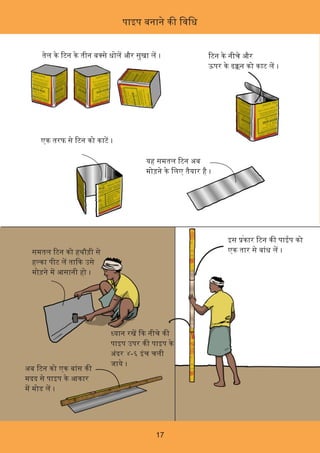 तेल के टन के तीन ब से धोल और सुखा ल । टन के नीचे और
ऊपर के ढ न को काट ल ।
एक तरफ से टन को काट ।
यह समतल टन अब
मोड़ने के िलए तैयार है ।
समतल टन को हथौड़ी से
ह का पीट ल ता क उसे
मोड़ने म आसानी हो ।
पाइप बनाने क िविध
17
इस कार क पाईप कोटन
एक तार से बांध ल ।
अब टन को एक बांस क
मदद से पाइप के आकार
म मोड ल ।
यान रख क नीचे क
पाइप उपर क पाइप के
अंदर ४-६ इंच चली
जाये ।
 