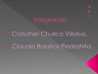 4A1 Integrantes * Cristofher Chullca Villalva. * Claudia Bolaños Piedrahita. 