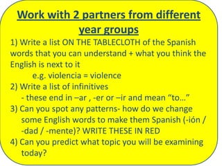 Work with 2 partners from different
year groups
1) Write a list ON THE TABLECLOTH of the Spanish
words that you can understand + what you think the
English is next to it
e.g. violencia = violence
2) Write a list of infinitives
- these end in –ar , -er or –ir and mean “to…”
3) Can you spot any patterns- how do we change
some English words to make them Spanish (-ión /
-dad / -mente)? WRITE THESE IN RED
4) Can you predict what topic you will be examining
today?
 