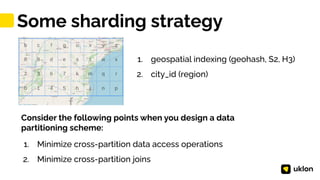 1
1. geospatial indexing (geohash, S2, H3)
2. city_id (region)
Some sharding strategy
Consider the following points when you design a data
partitioning scheme:
1. Minimize cross-partition data access operations
2. Minimize cross-partition joins
 
