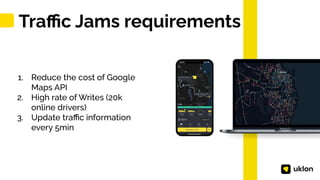 Traﬃc Jams requirements
1. Reduce the cost of Google
Maps API
2. High rate of Writes (20k
online drivers)
3. Update traﬃc information
every 5min
 
