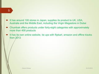  It has around 100 stores in Japan, supplies its product to UK, USA,
Australia and the Middle East, including the Virgin Megastore in Dubai
 Chumbak offers products under forty-eight categories with approximately
more than 400 products
 It has its own online website, tie ups with flipkart, amazon and offline kisoks
from 2013
23-10-2016Charmi Chheda
5
 