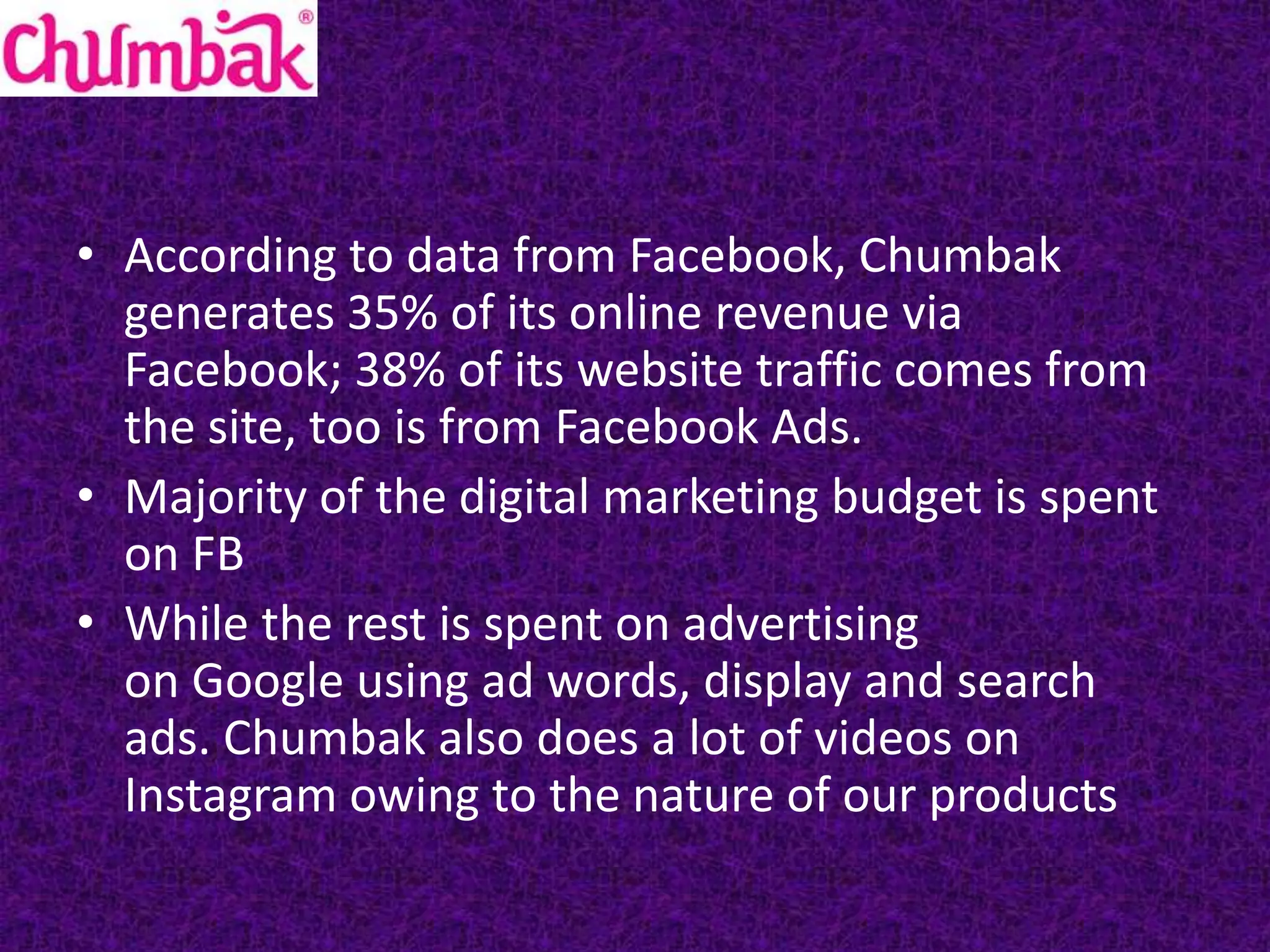 • According to data from Facebook, Chumbak
generates 35% of its online revenue via
Facebook; 38% of its website traffic comes from
the site, too is from Facebook Ads.
• Majority of the digital marketing budget is spent
on FB
• While the rest is spent on advertising
on Google using ad words, display and search
ads. Chumbak also does a lot of videos on
Instagram owing to the nature of our products
 