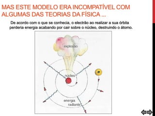 MAS ESTE MODELO ERA INCOMPATÍVEL COM
ALGUMAS DAS TEORIAS DA FÍSICA ...
De acordo com o que se conhecia, o electrão ao realizar a sua órbita
perderia energia acabando por cair sobre o núcleo, destruindo o átomo.
 