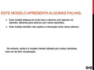 ESTE MODELO APRESENTAALGUMAS FALHAS..
 Este modelo adequa-se muito bem a átomos com apenas um
electrão, falhando para átomos com vários electrões;
 Este modelo também não explica a interacção entre vários átomos.
No entanto, ainda é o modelo mental utilizado por muitos cientistas,
visto ser de fácil visualização.
 