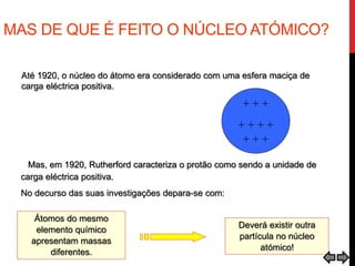 MAS DE QUE É FEITO O NÚCLEO ATÓMICO?
Até 1920, o núcleo do átomo era considerado com uma esfera maciça de
carga eléctrica positiva.
+ + +
+ + + +
+ + +
Mas, em 1920, Rutherford caracteriza o protão como sendo a unidade de
carga eléctrica positiva.
No decurso das suas investigações depara-se com:
Átomos do mesmo
elemento químico
apresentam massas
diferentes.
Deverá existir outra
partícula no núcleo
atómico!
 