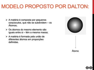 MODELO PROPOSTO POR DALTON:
 A matéria é composta por pequenos
corpúsculos, que não se subdividem – os
Átomos;
 Os átomos do mesmo elemento são
iguais entre si – têm a mesma massa;
 A matéria é formada pela união de
diferentes átomos em proporções
definidas.
Átomo
 