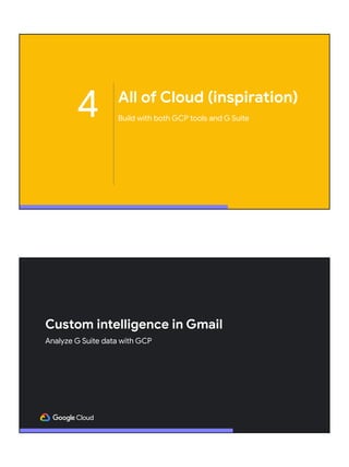 4 All of Cloud (inspiration)
Build with both GCP tools and G Suite
Custom intelligence in Gmail
Analyze G Suite data with ...