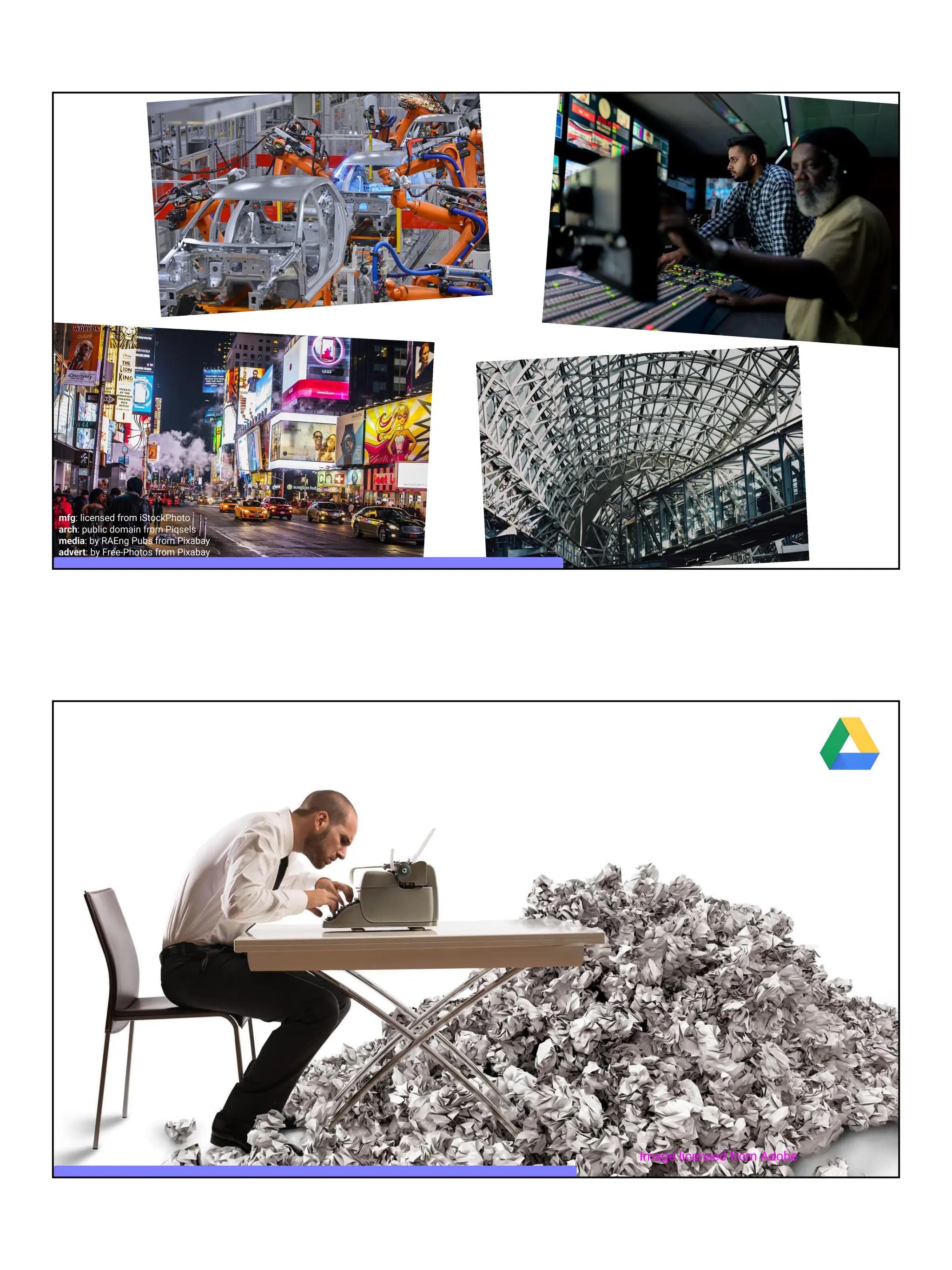 mfg: licensed from iStockPhoto
arch: public domain from Piqsels
media: by RAEng Pubs from Pixabay
advert: by Free-Photos from Pixabay
Image licensed from Adobe
 