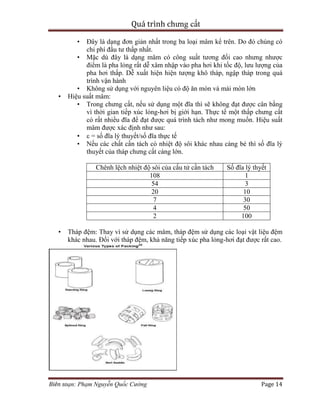 Quá trình chưng cất
Biên soạn: Phạm Nguyễn Quốc Cường Page 14
• Đây là dạng đơn giản nhất trong ba loại mâm kể trên. Do đó chúng có
chi phí đầu tư thấp nhất.
• Mặc dù đây là dạng mâm có công suất tương đối cao nhưng nhược
điểm là pha lỏng rất dễ xâm nhập vào pha hơi khi tốc độ, lưu lượng của
pha hơi thấp. Dễ xuất hiện hiện tượng khô tháp, ngập tháp trong quá
trình vận hành
• Không sử dụng với nguyên liệu có độ ăn mòn và mài mòn lớn
• Hiệu suất mâm:
• Trong chưng cất, nếu sử dụng một đĩa thì sẽ không đạt được cân bằng
vì thời gian tiếp xúc lỏng-hơi bị giới hạn. Thực tế một thấp chưng cất
có rất nhiều đĩa để đạt được quá trình tách như mong muốn. Hiệu suất
mâm được xác định như sau:
•  = số đĩa lý thuyết/số đĩa thực tế
• Nếu các chất cần tách có nhiệt độ sôi khác nhau càng bé thì số đĩa lý
thuyết của tháp chưng cất càng lớn.
Chênh lệch nhiệt độ sôi của cấu tử cần tách Số đĩa lý thyết
108 1
54 3
20 10
7 30
4 50
2 100
• Tháp đệm: Thay vì sử dụng các mâm, tháp đệm sử dụng các loại vật liệu đệm
khác nhau. Đối với tháp đệm, khả năng tiếp xúc pha lỏng-hơi đạt được rất cao.
 
