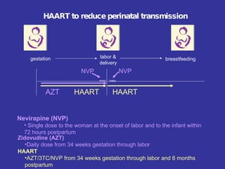 HAART to reduce perinatal transmission gestation labor & delivery breastfeeding Zidovudine (AZT) Daily dose from 34 weeks gestation through labor HAART AZT/3TC/NVP from 34 weeks gestation through labor and 6 months postpartum AZT    HAART Nevirapine (NVP)  Single dose to the woman at the onset of labor and to the infant within 72 hours postpartum NVP mom NVP baby HAART 