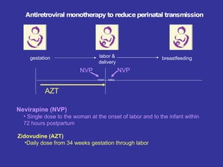 Antiretroviral monotherapy to reduce perinatal transmission gestation labor & delivery breastfeeding Zidovudine (AZT) Daily dose from 34 weeks gestation through labor AZT Nevirapine (NVP)  Single dose to the woman at the onset of labor and to the infant within 72 hours postpartum NVP mom NVP baby 