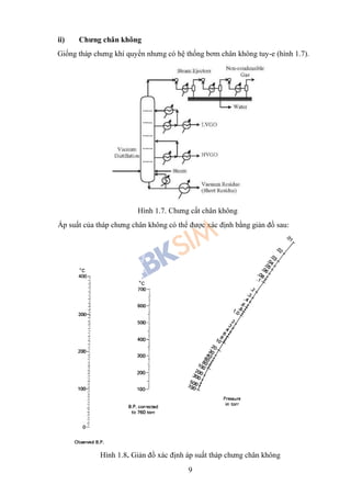 9
ii) Chưng chân không
Giống tháp chưng khí quyển nhưng có hệ thống bơm chân không tuy-e (hình 1.7).
Hình 1.7. Chưng cất chân không
Áp suất của tháp chưng chân không có thể được xác định bằng giản đồ sau:
Hình 1.8. Giản đồ xác định áp suất tháp chưng chân không
 