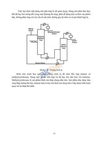 13
Việc lựa chọn một dung môi phù hợp là rất quan trọng. Dung môi phải làm thay
đổi độ bay hơi tương đối trong một khoảng đủ rộng, phải dễ dàng tách ra khỏi sản phẩm
đáy, không phản ứng với các cấu tử cần tách, không gây ăn mòn và có giá thành hợp lý.
Hình 1.12. Chưng trích ly
Hình trên minh họa quá trình chưng trích ly để tách hỗn hợp toluene và
methylcyclohexane. Dung môi sẽ tạo hỗn hợp có độ bay hơi nhỏ hơn với touluene.
Methylcyclohexane là sản phẩm đỉnh của tháp chưng đầu tiên. Sản phẩm đáy được đưa
sang tháp chưng thứ hai, toluene tách ra bay lên đỉnh còn dung môi ở đáy được tuần hoàn
quay trở lại tháp thứ nhất.
Makeup
Solvent
Fresh Feed
Recycle Solvent
Methylcyclohecxane
Product
Toluene
Product
Extractive
Distillation
Tower
Solvent
Recovery
Tower
 