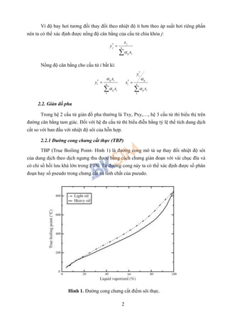 2
Vì độ bay hơi tương đối thay đổi theo nhiệt độ ít hơn theo áp suất hơi riêng phần
nên ta có thể xác định được nồng độ cân bằng của cấu tử chìa khóa j:
* j
j n
ij i
x
y
x


Nồng độ cân bằng cho cấu tử i bất kì:
*
1
ij i
i n
ij i
x
y
x




*
*
1
i
ij
i n
ij i
y
x
x




2.2. Giản đồ pha
Trong hệ 2 cấu tử giản đồ pha thường là Txy, Pxy,…, hệ 3 cấu tử thì biểu thị trên
đường cân bằng tam giác. Đối với hệ đa cấu tử thì biểu điễn bằng tỷ lệ thể tích dung dịch
cất so với ban đầu với nhiệt độ sôi của hỗn hợp.
2.2.1 Đường cong chưng cất thực (TBP)
TBP (True Boiling Point- Hình 1) là đường cong mô tả sự thay đổi nhiệt độ sôi
của dung dịch theo dịch ngưng thu được bằng cách chưng gián đoạn với vài chục đĩa và
có chỉ số hồi lưu khá lớn trong PTN. Từ đường cong này ta có thể xác định được số phân
đoạn hay số pseudo trong chưng cất và tính chất của pseudo.
Hình 1. Đường cong chưng cất điểm sôi thực.
 