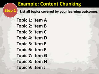 Example: Content Chunking
Step 1 List all topics covered by your learning outcomes.

Topic 1: item A
Topic 2: item B
Topic 3: item C
Topic 4: item D
Topic 5: item E
Topic 6: item F
Topic 7: item G
Topic 8: item H
Topic 9: item J

 