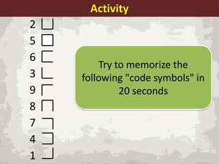Activity
2
5
6
3
9
8
7
4
1

Try to memorize the
following "code symbols" in
20 seconds

 
