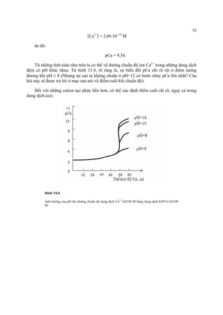 12 
[Ca2+] = 2,86.10–10 M 
do đó: 
pCa = 9,54. 
Từ những tính toán như trên ta có thể vẽ đường chuẩn độ ion Ca2+ trong những dung dịch đệm có pH khác nhau. Từ hình 13.4, rõ ràng là, sự biến đổi pCa chỉ rõ rệt ở điểm tương đương khi pH ≥ 8 (Nhưng tại sao ta không chuẩn ở pH=12 có bước nhảy pCa lớn nhất? Câu hỏi này sẽ được trả lời ở mục sau nói về điểm cuối khi chuẩn độ). 
Đối với những cation tạo phức bền hơn, có thể xác định điểm cuối rất rõ, ngay cả trong dung dịch axit. 
Hình 13.4 
Ảnh hưởng của pH lên đường chuẩn độ dung dịch Ca2+ 0,0100 M bằng dung dịch EDTA 0,0100 M 
 
