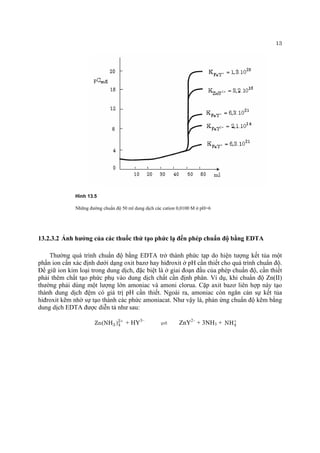 13 
Hình 13.5 
Những đường chuẩn độ 50 ml dung dịch các cation 0,0100 M ở pH=6 
13.2.3.2 Ảnh hưởng của các thuốc thử tạo phức lạ đến phép chuẩn độ bằng EDTA 
Thường quá trình chuẩn độ bằng EDTA trở thành phức tạp do hiện tượng kết tủa một phần ion cần xác định dưới dạng oxit bazơ hay hiđroxit ở pH cần thiết cho quá trình chuẩn độ. Để giữ ion kim loại trong dung dịch, đặc biệt là ở giai đoạn đầu của phép chuẩn độ, cần thiết phải thêm chất tạo phức phụ vào dung dịch chất cần định phân. Ví dụ, khi chuẩn độ Zn(II) thường phải dùng một lượng lớn amoniac và amoni clorua. Cặp axit bazơ liên hợp này tạo thành dung dịch đệm có giá trị pH cần thiết. Ngoài ra, amoniac còn ngăn cản sự kết tủa hiđroxit kẽm nhờ sự tạo thành các phức amoniacat. Như vậy là, phản ứng chuẩn độ kẽm bằng dung dịch EDTA được diễn tả như sau: 
234Zn(NH)+ + HY3– ZnYU2– + 3NH3 + 4NH+  