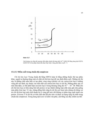 18 
Hình 13.7 
Ảnh hưởng của nồng độ amoniac đến phép chuẩn độ dung dịch Zn2+ 0,0010 M bằng dung dịch EDTA 0,0010 M. Cả hai phép chuẩn đều được thực hiện ở dung dịch đệm có pH = 9. 
13.2.3.3 Điểm cuối trong chuẩn độ complexon 
Chỉ thị kim loại: Trong chuẩn độ bằng EDTA hoặc là bằng những thuốc thử tạo phức khác, người ta thường dùng một số chất chỉ thị kim loại để xác định điểm cuối. Những chỉ thị này là những chất màu hữu cơ tạo phức vòng càng (chelat) với các cation kim loại ở những vùng pH xác định, tùy thuộc vào tính chất của cation kim loại và chỉ thị. Những phức này có màu khá đậm, có thể phát hiện ion kim loại ở trong khoảng nồng độ 10–6 – 10–7 M. Phần lớn chỉ thị kim loại có khả năng liên kết proton và tạo thành những hợp chất màu gần như giống màu phức kim loại. Vì vậy, chúng đồng thời cũng là chỉ thị axit bazơ nên chúng chỉ đóng vai trò chỉ thị kim loại một cách thuận lợi ở vùng pH mà ở đó không có phản ứng cạnh tranh của proton. Ericrom T là chỉ thị có tính chất như đã nêu trên và được sử dụng rộng rãi nhất trong chuẩn độ complexon. Trong dung dịch axit và kiềm vừa phải, cân bằng sau đây chiếm ưu thế:  