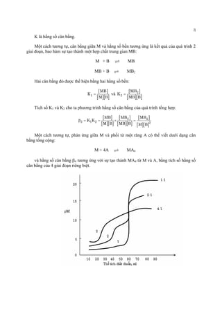 3 
K là hằng số cân bằng. 
Một cách tương tự, cân bằng giữa M và hằng số bền tương ứng là kết quả của quá trình 2 giai đoạn, bao hàm sự tạo thành một hợp chất trung gian MB: 
M + B MB U 
MB + B MBU2 
Hai cân bằng đó được thể hiện bằng hai hằng số bền: 
[] [][]1MBKMB= và [] [][ 2 2MBKMBB= 
Tích số K1 và K2 cho ta phương trình hằng số cân bằng của quá trình tổng hợp: 
[] [][] [] [][] [] [][] 222122MBMBMBKKMBMBBMBβ==×= 
Một cách tương tự, phản ứng giữa M và phối tử một răng A có thể viết dưới dạng cân bằng tổng cộng: 
M + 4A MAU4 
và hằng số cân bằng β4 tương ứng với sự tạo thành MA4 từ M và A, bằng tích số hằng số cân bằng của 4 giai đoạn riêng biệt.  
