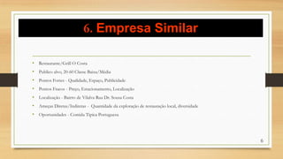 6. Empresa Similar
• Restaurante/Grill O Costa
• Publico alvo, 20-60 Classe Baixa/Média
• Pontos Fortes - Qualidade, Espaço, Publicidade
• Pontos Fracos - Preço, Estacionamento, Localização
• Localização - Bairro de Vilalva Rua Dr. Sousa Costa
• Ameças Diretas/Indiretas - Quantidade da exploração de restauração local, diversidade
• Oportunidades - Comida Tipica Portuguesa
6
 