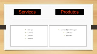 Serviços
• Almoços
• Lanches
• Jantares
• Petiscos
Produtos
• Comida Tipica Portuguesa
• Grelhados
• Enchidos
 