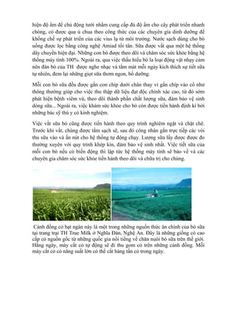 hiện độ ẩm để chủ động tưới nhằm cung cấp đủ độ ẩm cho cây phát triển nhanh
chóng, cỏ được qua ủ chua theo công thức của các chuyên gia dinh dưỡng để
khống chế sự phát triển của các vius lạ từ môi trường. Nước sạch dùng cho bò
uống được lọc bằng công nghệ Amiad tối tân. Sữa được vắt qua một hệ thống
dây chuyền hiện đại. Những con bò được theo dõi và chăm sóc sức khỏe bằng hệ
thống máy tính 100%. Ngoài ra, qua việc thấu hiểu bò la loại động vật nhạy cảm
nên đàn bò của TH được nghe nhạc và tắm mát mỗi ngày kích thích sự tiết sữa
tự nhiên, đem lại những giọt sữa thơm ngon, bổ dưỡng.
Mỗi con bò sữa đều được gắn con chíp dưới chân thay vì gắn chíp vào cổ như
thông thường giúp cho việc thu thập dữ liệu đạt độc chính xác cao, từ đó sớm
phát hiện bệnh viêm vú, theo dõi thành phần chất lượng sữa, đảm bảo vệ sinh
dòng sữa... Ngoài ra, việc khám sức khỏe cho bò còn được tiến hành định kì bởi
những bác sỹ thú y có kinh nghiệm.
Việc vắt sữa bò cũng được tiến hành theo quy trình nghiêm ngặt và chặt chẽ.
Trước khi vắt, chúng được tắm sạch sẽ, sau đó công nhân gắn trực tiếp các vòi
thu sữa vào và ấn nút cho hệ thống tự động chạy. Lượng sữa lấy được được đo
thường xuyên với quy trình khép kín, đảm bảo vệ sinh nhất. Việc tiết sữa của
mỗi con bò nếu có biến động thì lập tức hệ thống máy tính sẽ báo về và các
chuyên gia chăm sóc sức khỏe tiến hành theo dõi và chữa trị cho chúng.

Cánh đồng cỏ bạt ngàn này là một trong những nguồn thức ăn chính của bò sữa
tại trang trại TH True Milk ở Nghĩa Đàn, Nghệ An. Đây là những giống cỏ cao
cấp có nguồn gốc từ những quốc gia nổi tiếng về chăn nuôi bò sữa trên thế giới.
Hằng ngày, máy cắt cỏ tự động sẽ đi thu gom cỏ trên những cánh đồng. Mỗi
máy cắt cỏ có năng suất lớn có thể cắt hàng tấn cỏ trong ngày.

 