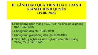 II. LÃNH ĐẠO QUÁ TRÌNH ĐẤU TRANH
GIÀNH CHÍNH QUYỀN
(1930-1945)
1.Phong trào cách mạng 1930-1931 và khôi phục phong
trào 1932-1935
2.Phong trào dân chủ 1936-1939
3.Phong trào giải phóng dân tộc 1939-1945
4.Tính chất, ý nghĩa và kinh nghiệm của Cách mạng
Tháng Tám năm 1945
 