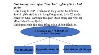 Chủ trương phát động Tổng khởi nghĩa giành chính
quyền
Giữa tháng 8-1945, Chiến tranh thế giới thứ hai kết thúc.
Sau khi phát xít Đức đầu hàng Đồng minh, Liên Xô tuyên
chiến với Nhật, đánh tan đạo quân Quan Đông của Nhật tại
Mãn Châu (Trung Quốc).
Chính phủ Nhật đầu hàng Đồng minh không điều kiện.
Hội nghị toàn quốc(13-15/8/1945)
(Tân Trào – Tuyên Quang)
Phát động tổng KN Nguyên tắc chỉ đạo KN Chính sách đối nội, đối ngoại
 
